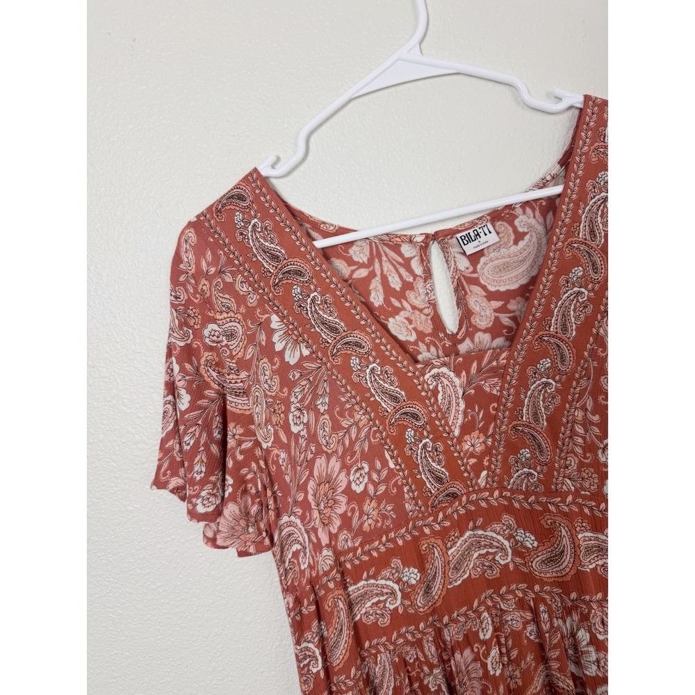 Bila 77 Terracotta Paisley Floral Tiered Boho Mini Dress Small - Picture 3 of 9